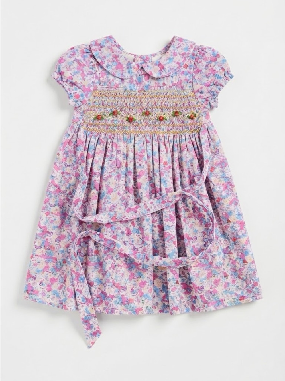 Sissy mini Girls Pink Floral Smocked Dress with Peter Pan Collar | 2T